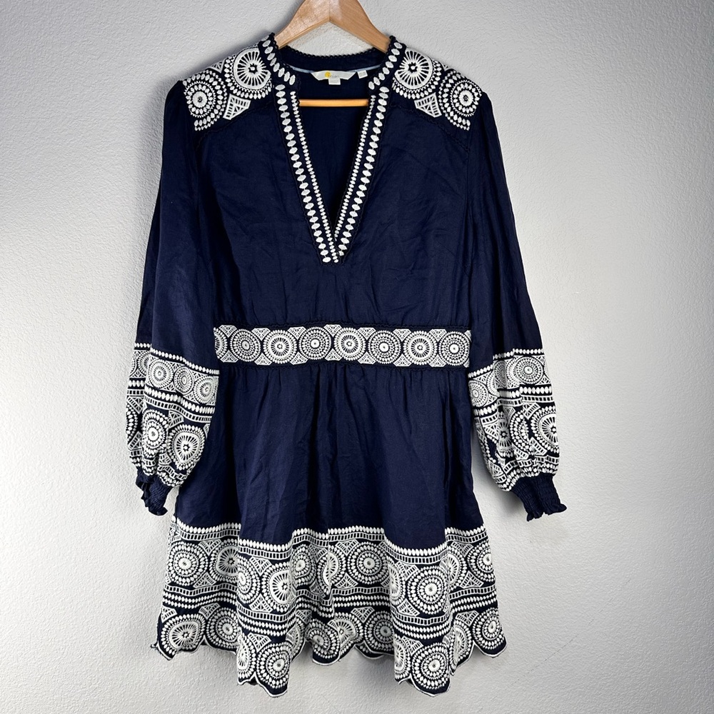 Boden Navy Blue and White Embroidered Long Sleeve Dress